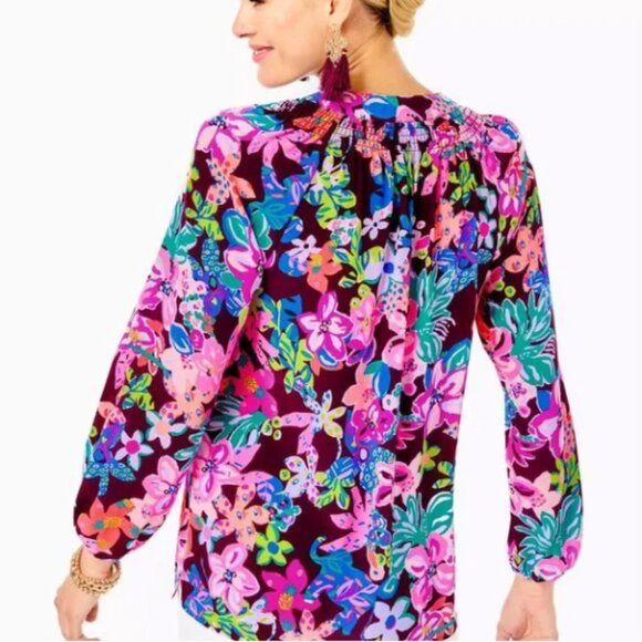 NWT Lilly Pulitzer Elsa Silk Top Blouse Cherry Ganache Bohemian Garden Size XL - Picture 4 of 8